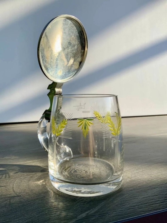 Image 1 of Boccale da birra antico con coperchio in peltro e smalto dipinto a mano (0,4 l)