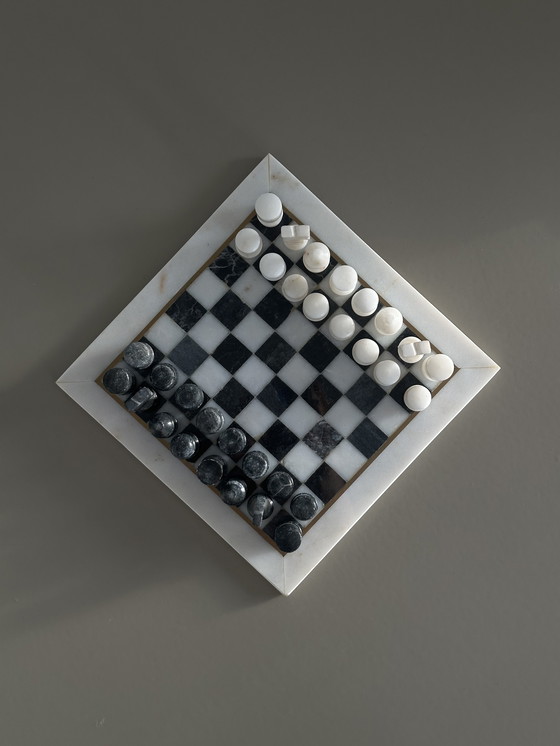 Image 1 of Vintage marmeren schaakspel schaakbord zwart wit
