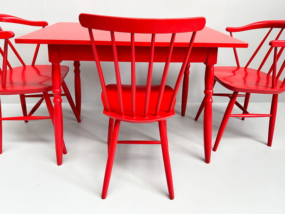 Image 1 of Vintage Set Of 3 Mid-Century Red Lacquered Chairs With Table 