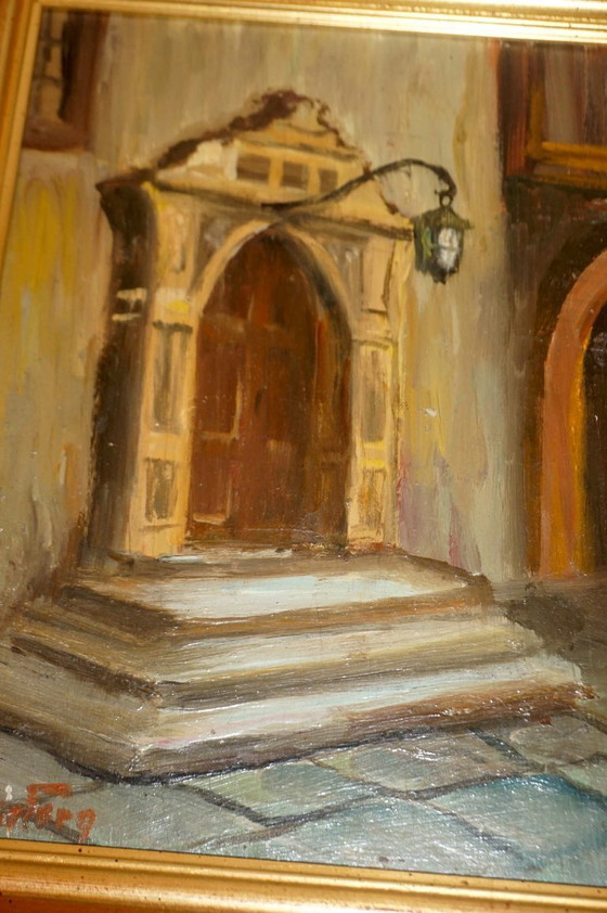 Image 1 of vintage architectural painting * signed framed oil painting * european doorway scene * mid-century artwork