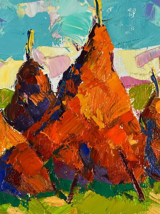 Image 1 of Original Oil Painting Nature Landscape Haystacks in a Field