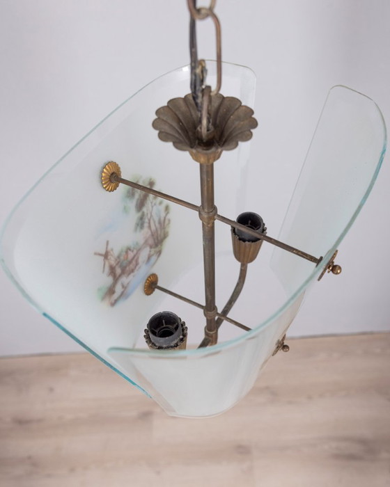 Image 1 of LAMPADARIO VINTAGE ANNI '50 IN VETRO DECORATO, DESIGN ITALIANO