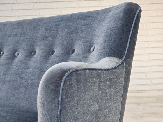 1970s, Danish 2-seater sofa, furniture velour, beech wood., 2 seaters, Velvet, Blue (photo 4 of 21)