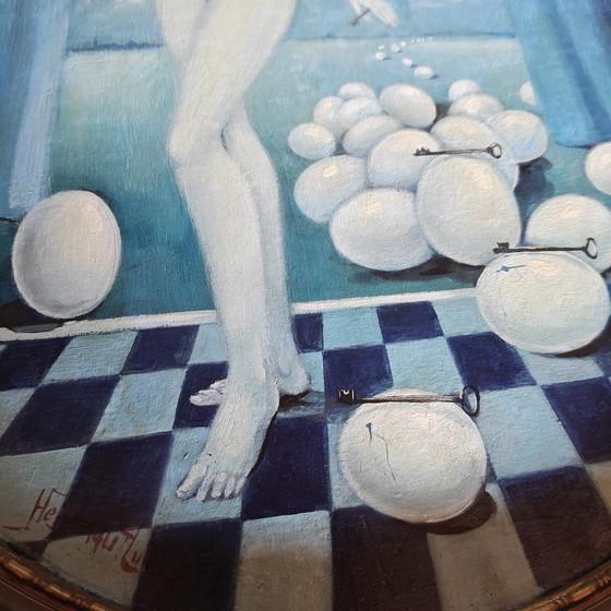 Image 1 of Luc Heirbaut – “The Secret of Fertility” (1970)
Original oil on panel – double signed – surrealist period
