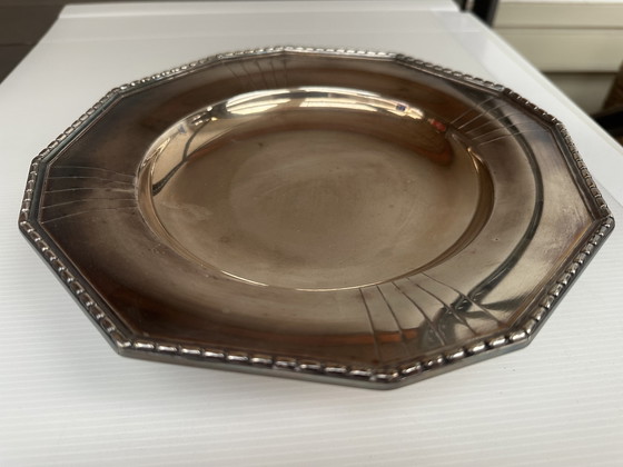 Image 1 of Coupe - Centre de Table Art-Déco en Métal Argenté Forme Octogonale