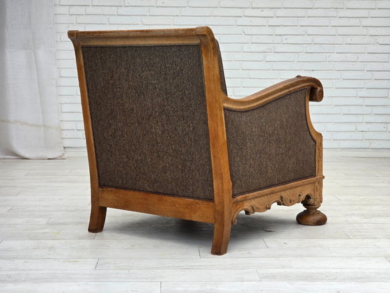 Image 1 of Années 1950, fauteuil danois, meuble en laine, bois de chêne massif sculpté.