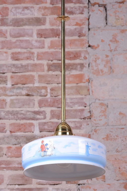 Lustre Art Déco restauré, laiton, verre peint, recâblé, tchèque, années 1930