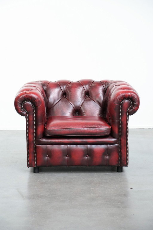 Red English cowhide Chesterfield club armchair finished with decorative studs
