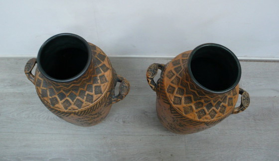 Image 1 of Ceramic floor vases, set of 2, very large, in beige-brown with Celtic / Germanic pattern, Westerwald Ikonen 50s