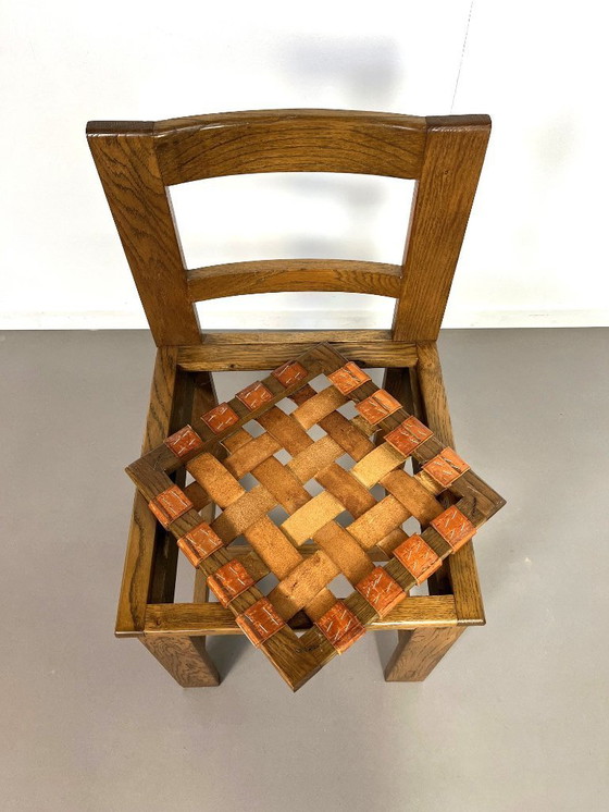 Image 1 of 6 Brutalist oak chairs with leather seat