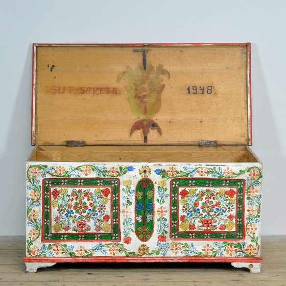 Cassapanca nuziale d'arte popolare, datata 1948 – Mobili contenitori, Iron, Wood, Vintage (photo 4 of 13)