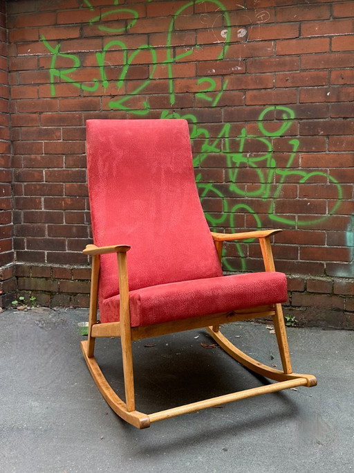 Vintage Schaukelstuhl | Buche & rotes Nubukleder – schommelstoelen, Wood, Leather (photo 2 of 6)
