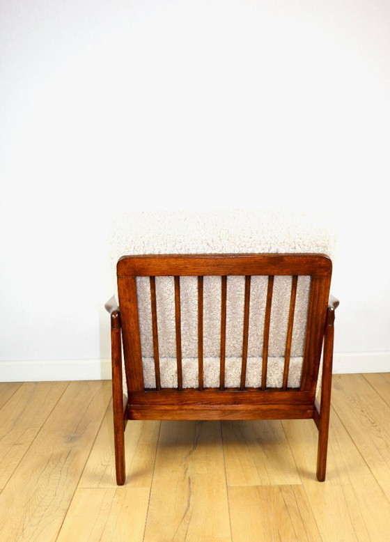 Image 1 of Wooden vintage brown armchair beige ivory long pile boucle design by Z. Bączyk - 2 pieces available