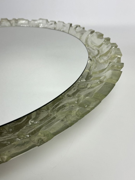 Image 1 of Large Mid-Century Backlit Sugar Glass Oval Mirror, Sculptural Illuminated Wall Mirror, Europe, 1960s–1970s