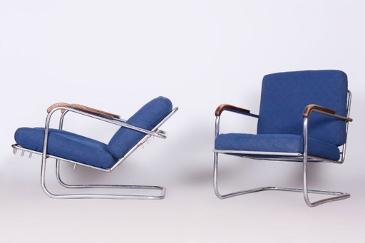 Origineel Bauhaus-paar fauteuils, verchroomd staal, Zwitserland, jaren 1930 – Metal, Textile (photo 2 of 18)
