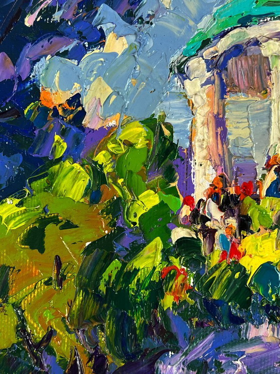 Image 1 of Peinture à l'huile originale représentant un paysage urbain estival dans un parc municipal