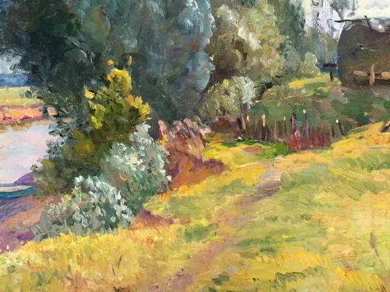 Image 1 of Originales Vintage-Ölgemälde: Ländliche Landschaft in Flussnähe
