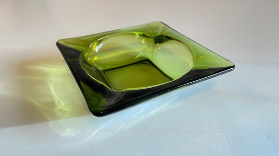 Image 1 of Geometric Glass Ashtray Vintage Green