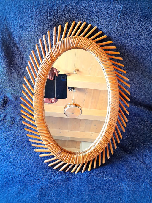Oval rattan and bamboo mirror 1960