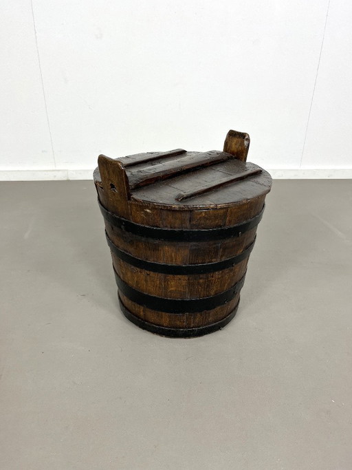 Antique, rustic wooden barrel with lid, Sweden, 1920s.