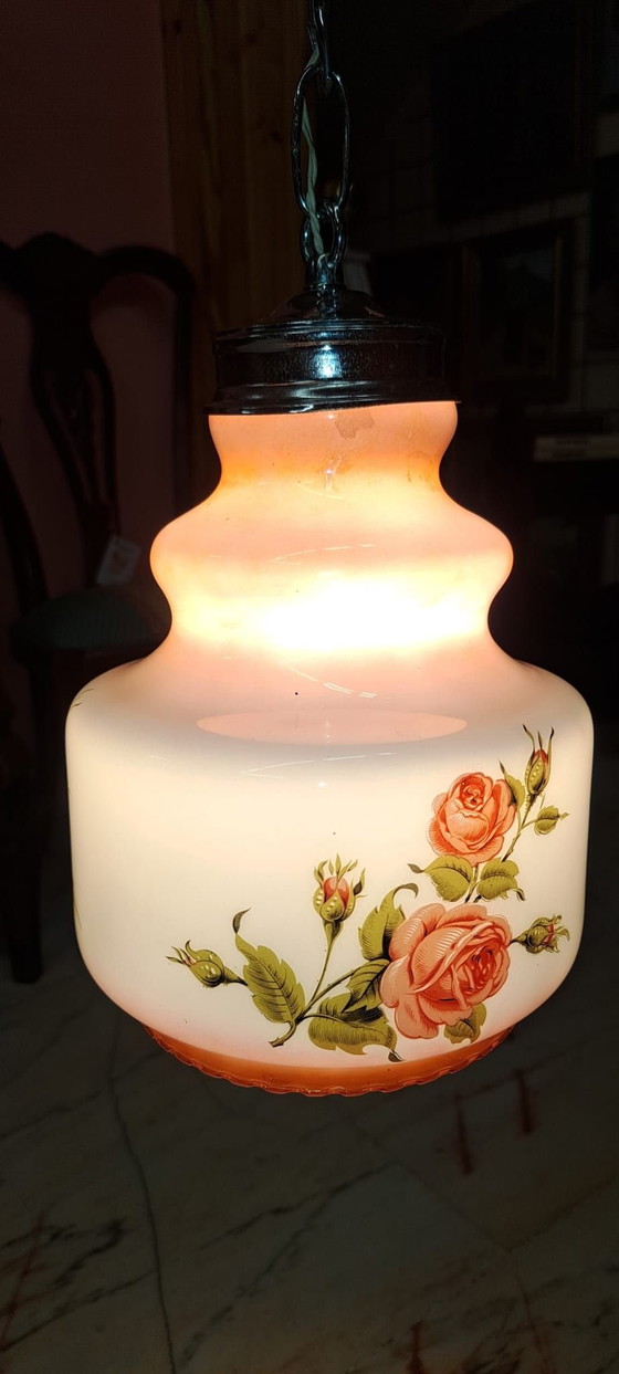 Opaline Pendelleuchte 1960/70, Pendelleuchten, Glas, Chrom, Grün (Foto 2 von 7)