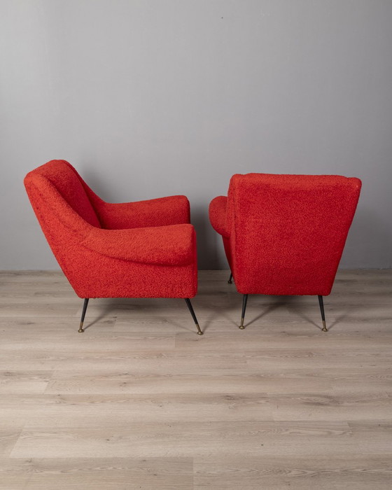 Image 1 of Pair of vintage 50s armchairs red fabric Italian design
