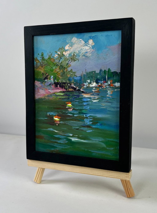 Original Oil Painting Coastal Waves Landscape City river in summer