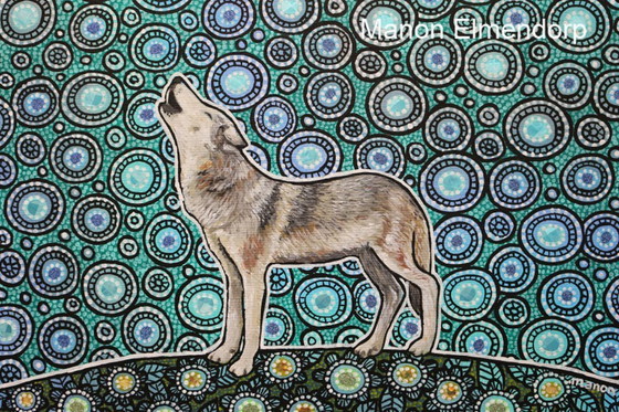 Image 1 of Origineel Handgeschilderd Schilderij "Howling Wolf" 29x29 cm