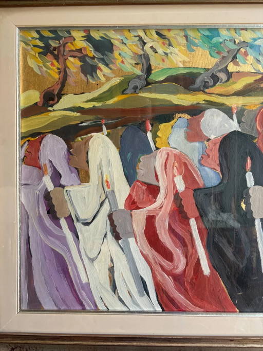Oil Painting on Canvas 'The Procession' by Saverio Terruso, 1970s – schilderijen tekeningen, Impressionisme (photo 2 of 9)