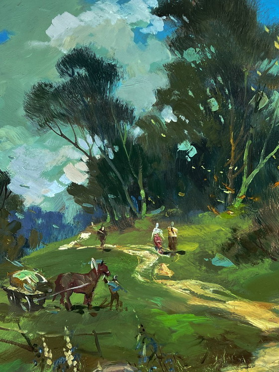 Image 1 of Pintura al óleo original: Paisaje rural, vida en un pueblo, día de verano en el bosque.