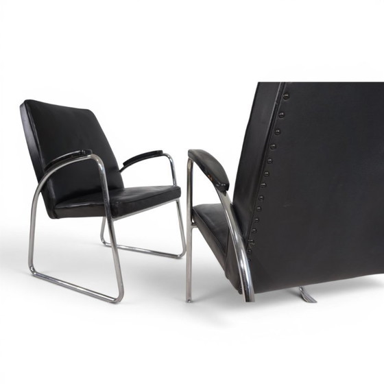 Image 1 of Set van 2 Bauhaus Streamline leren fauteuils met buisvormig stalen frame, 1930