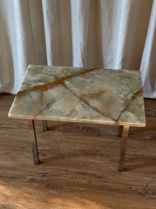 Tavolino laterale in marmo onice verde con base cromata