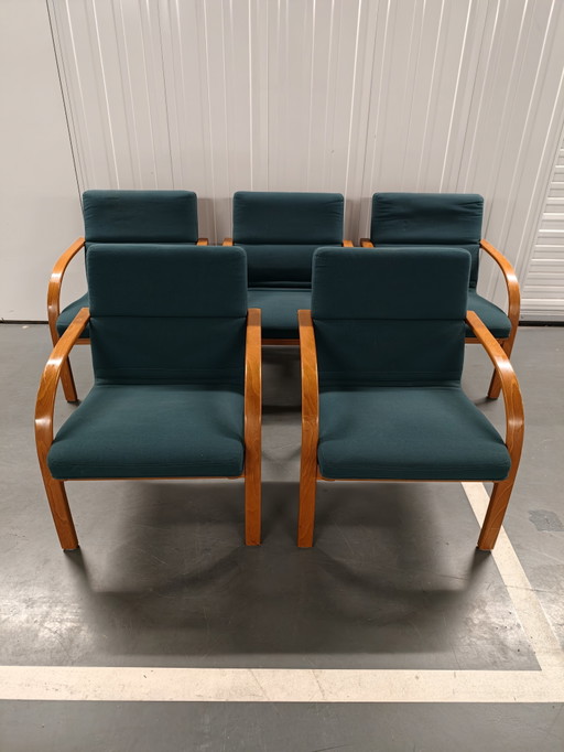 5 Vintage Deense Loungestoelen Groen, Wollen, Gebogen Hout, Retro Uit De Jaren 80. – eetkamerstoelen, Wool