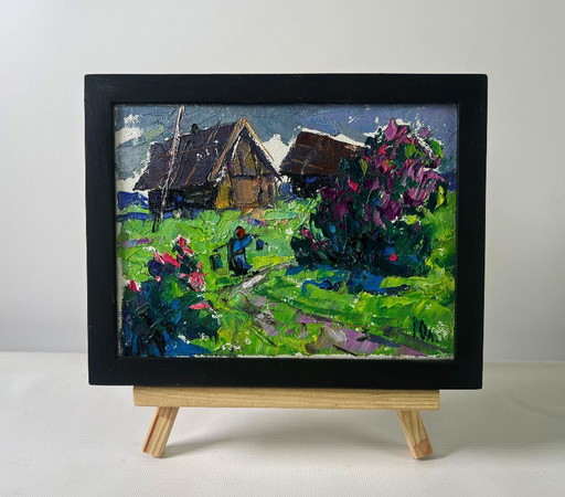 Original Oil Painting Summer House Landscape Cool evening with the smell of grass