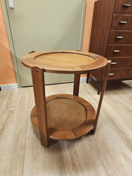 Mesa auxiliar redonda de madera vintage, mesa de carro, mesa de centro