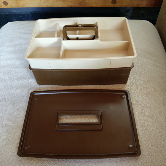 Image 1 of Scatola organizer vintage DBP Plastics Antwerp – contenitore portaoggetti marrone fumé, design belga anni '70