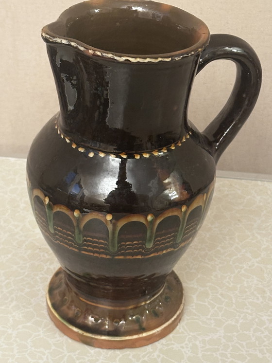 Image 1 of Vintage glazed pottery pitcher from Romania H 27 cm