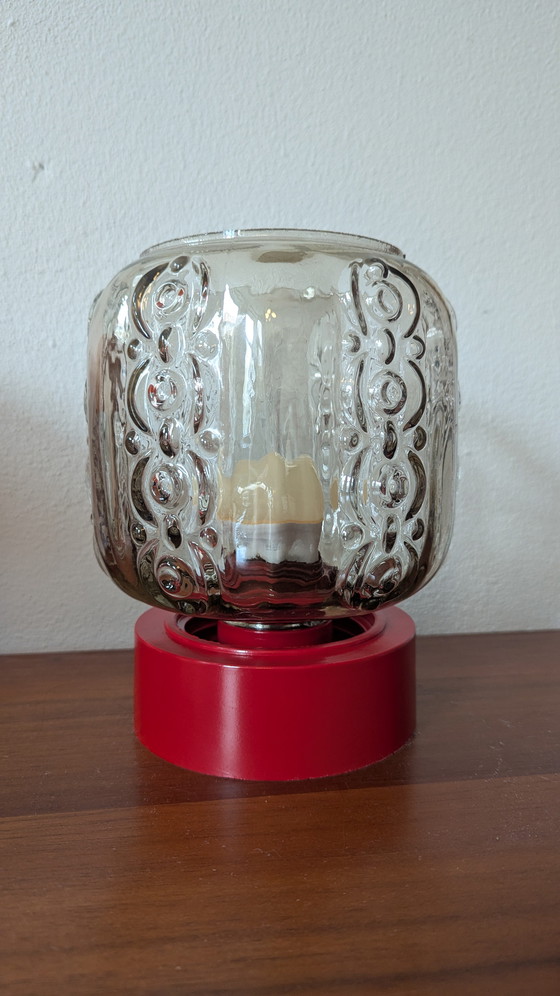 Image 1 of Art Deco Smoked Glass Red Base Table Lamp Mid-Century