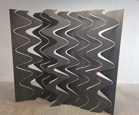 Image 1 of Geometric wavy wooden room divider screen 