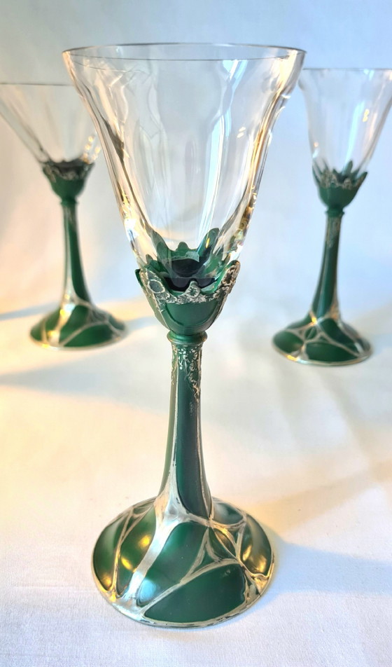 Art Nouveau 8 Glazen Set Kristal op Metalen Voet Groen Zilver 19e Eeuw Top – Glazen & Karaffen, Crystal (photo 6 of 14)