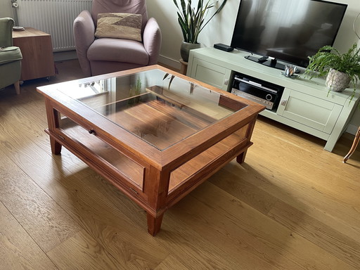 Handmade Teak coffee table with glass 100 x 100 cm