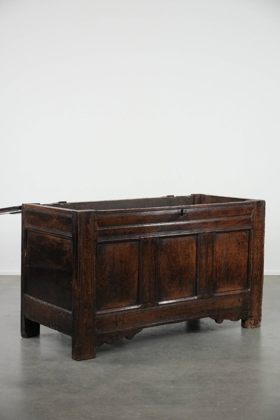 Image 1 of Large antique panelled English oak chest from the 18th century