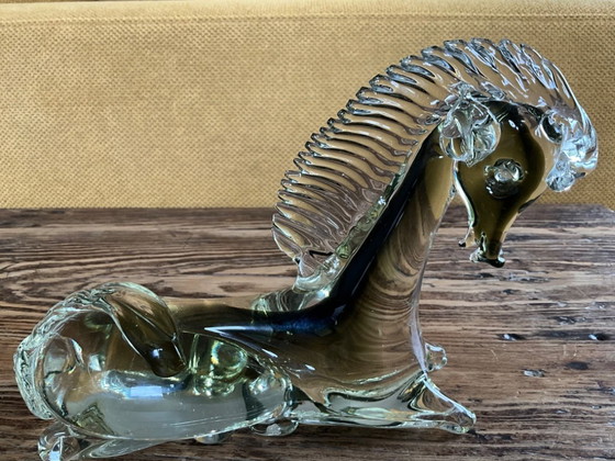 Image 1 of Murano glass reclining horse olive khaki