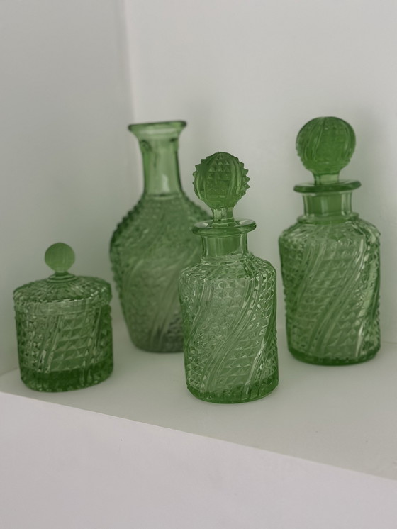 Image 1 of Elegante set da toeletta in vetro uranio Art Déco – 5 pezzi – ca. anni '20-'30