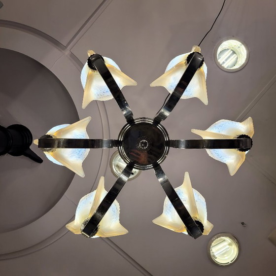 Image 1 of Deckenleuchte / Kronleuchter Atelier Petitot Paris, Glas und vernickeltes Metall, Art déco, 1930er Jahre – Frankreich