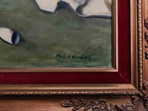 Peinture unique signée représentant une pipe, un verre à vin, un livre et une cruche en étain. Signé H. van Leeuwen