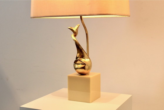 Pair of Exclusive Philippe-Jean Brass Art Sculpture Table Lamps, signed, Marble, Mid Century Modern (photo 12 of 14)