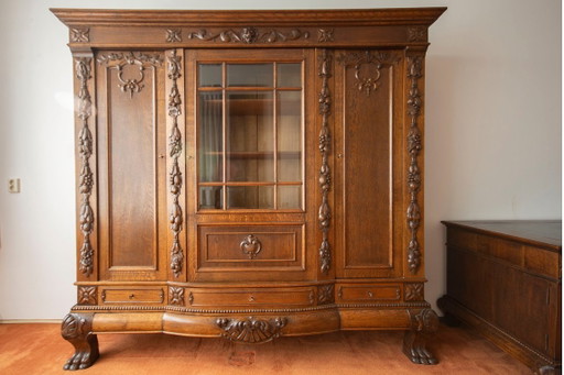 Bureau, bibliothèque/vitrine et table ronde assortie ornée de pattes de lion – Glass, Wood