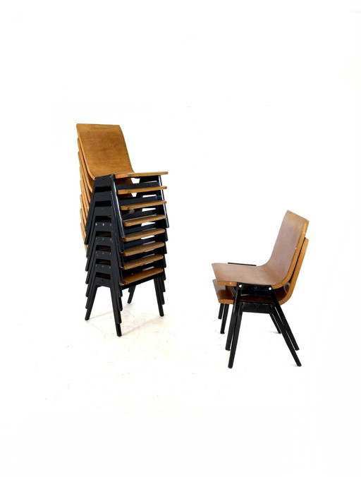 Lotto di 10 sedie impilabili in compensato, Roland Rainer '50 – eetkamerstoelen, Wood, Metal