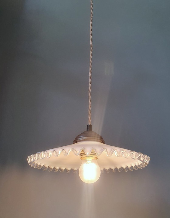 Image 1 of vintage pendant lamp of white opaline glass - fringes - clichy